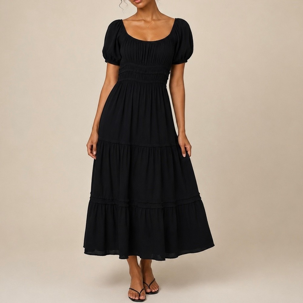 Max + Ash Black Smocked Tiered Midi Dress M Puff Sleeve Flowy Cottagecore Boho